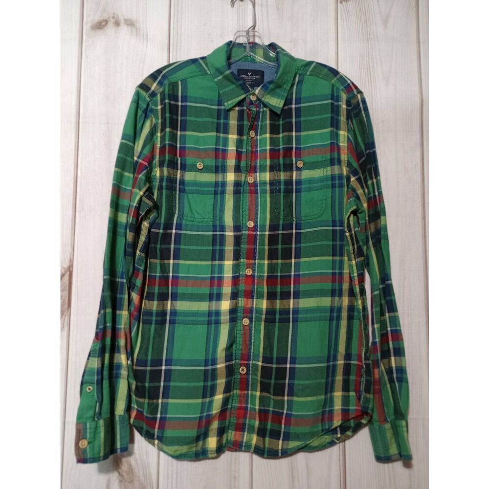 American Eagle Shirt Men's Medium Green Plaid Button Front